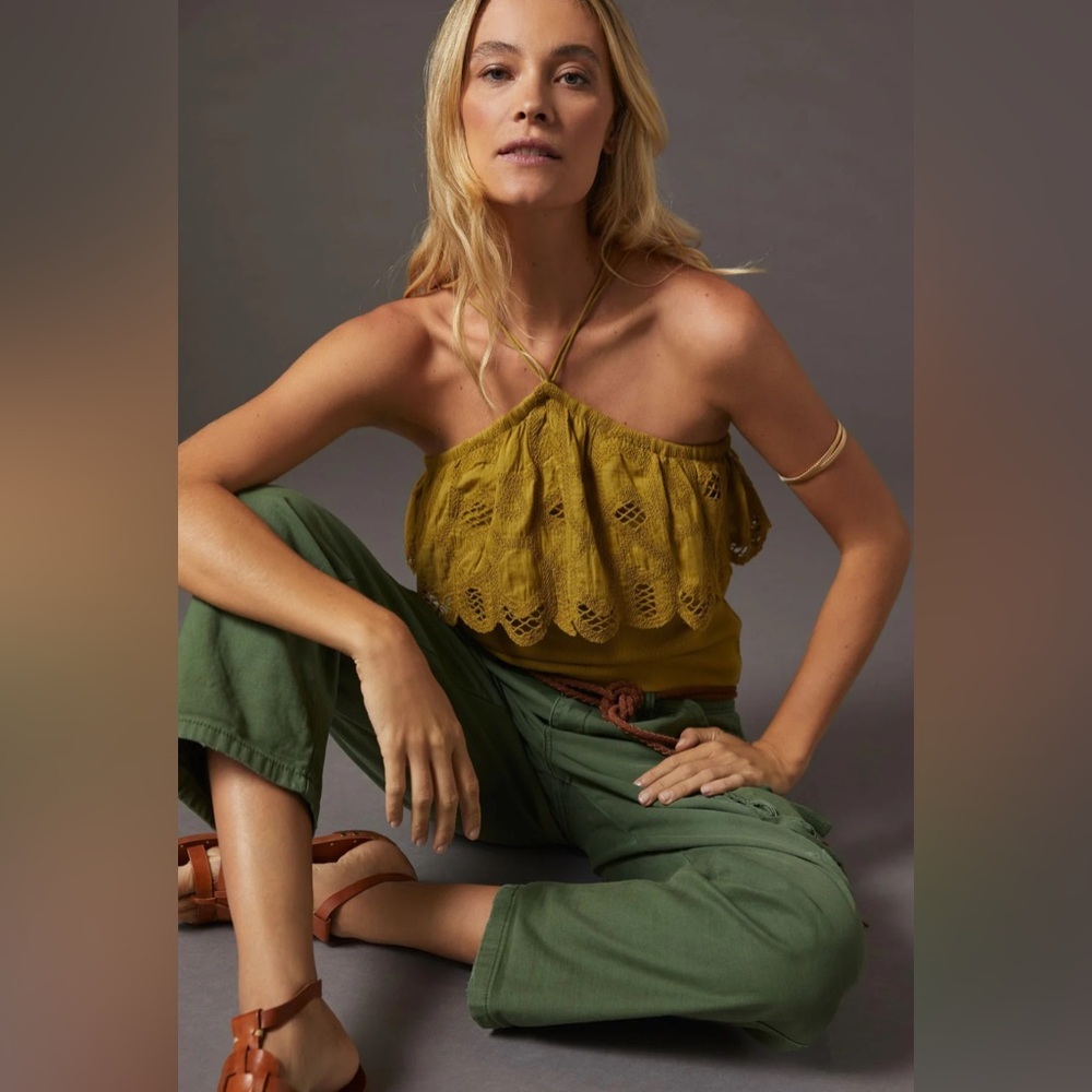 Anthropologie Ruffled Halter Embroidered Tank Blouse Top Crochet M New